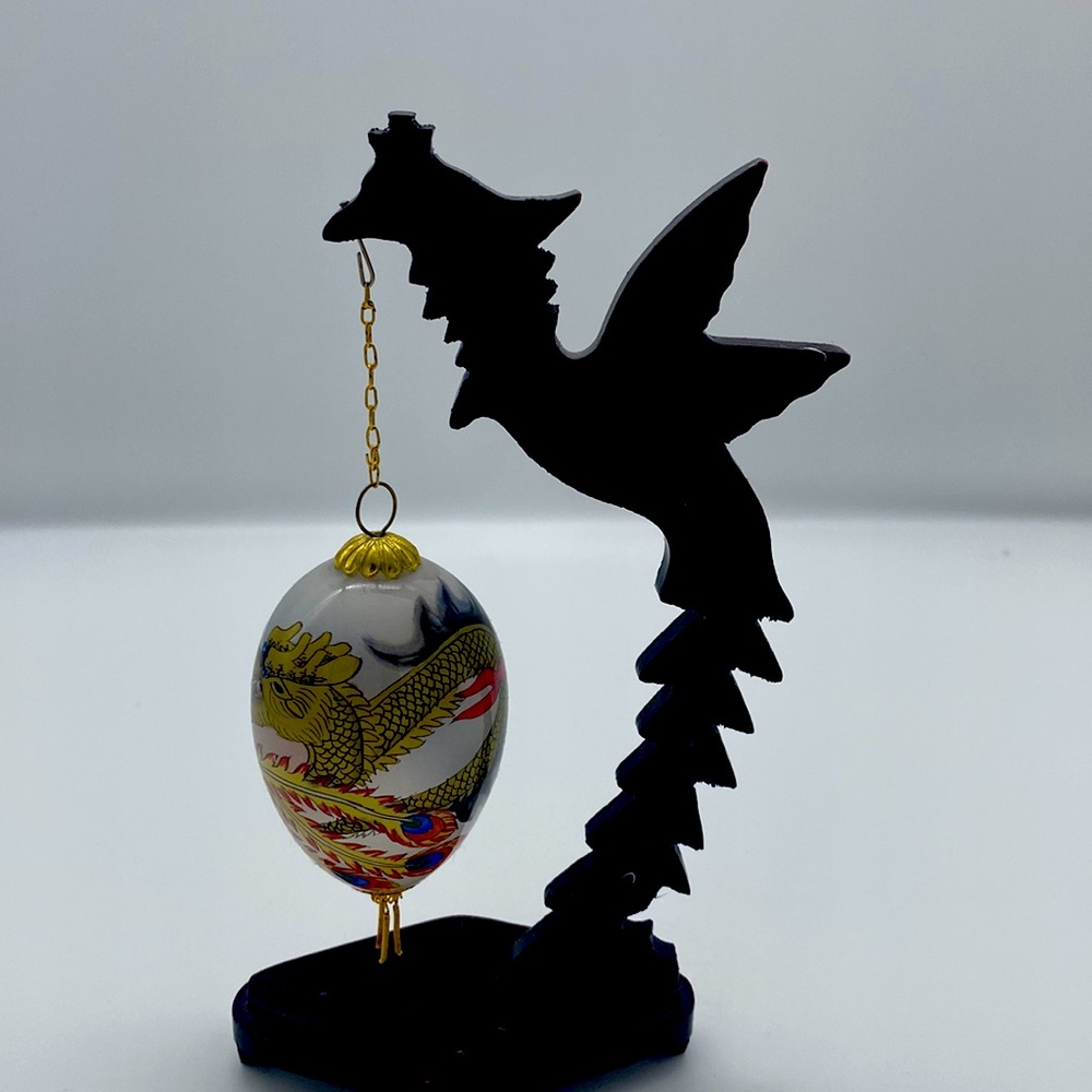Vintage Asian Chinese Hand Blown Reverse Painted Hanging Egg with Dragon Stand